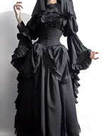 Gothic Black Lolita Skirt Set: Dark Hime Sleeve Blouse & Corset