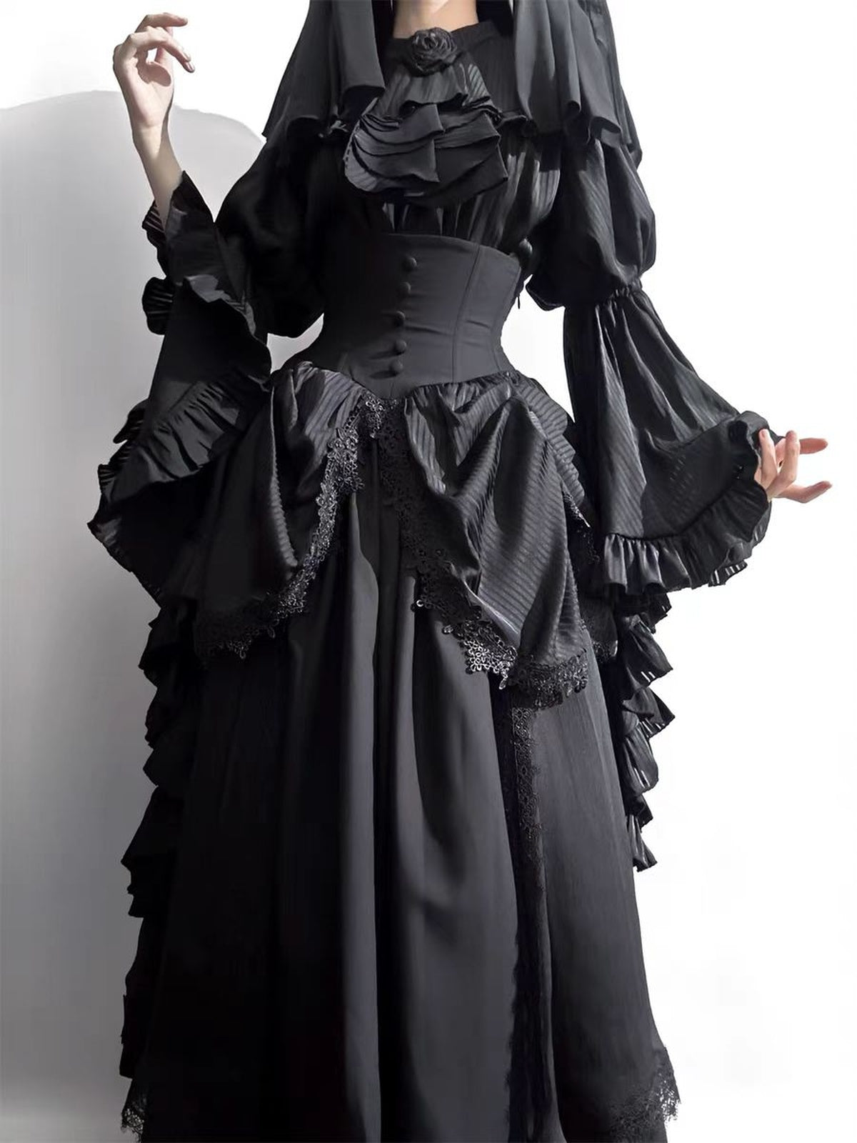 Gothic Black Lolita Skirt Set: Dark Hime Sleeve Blouse & Corset