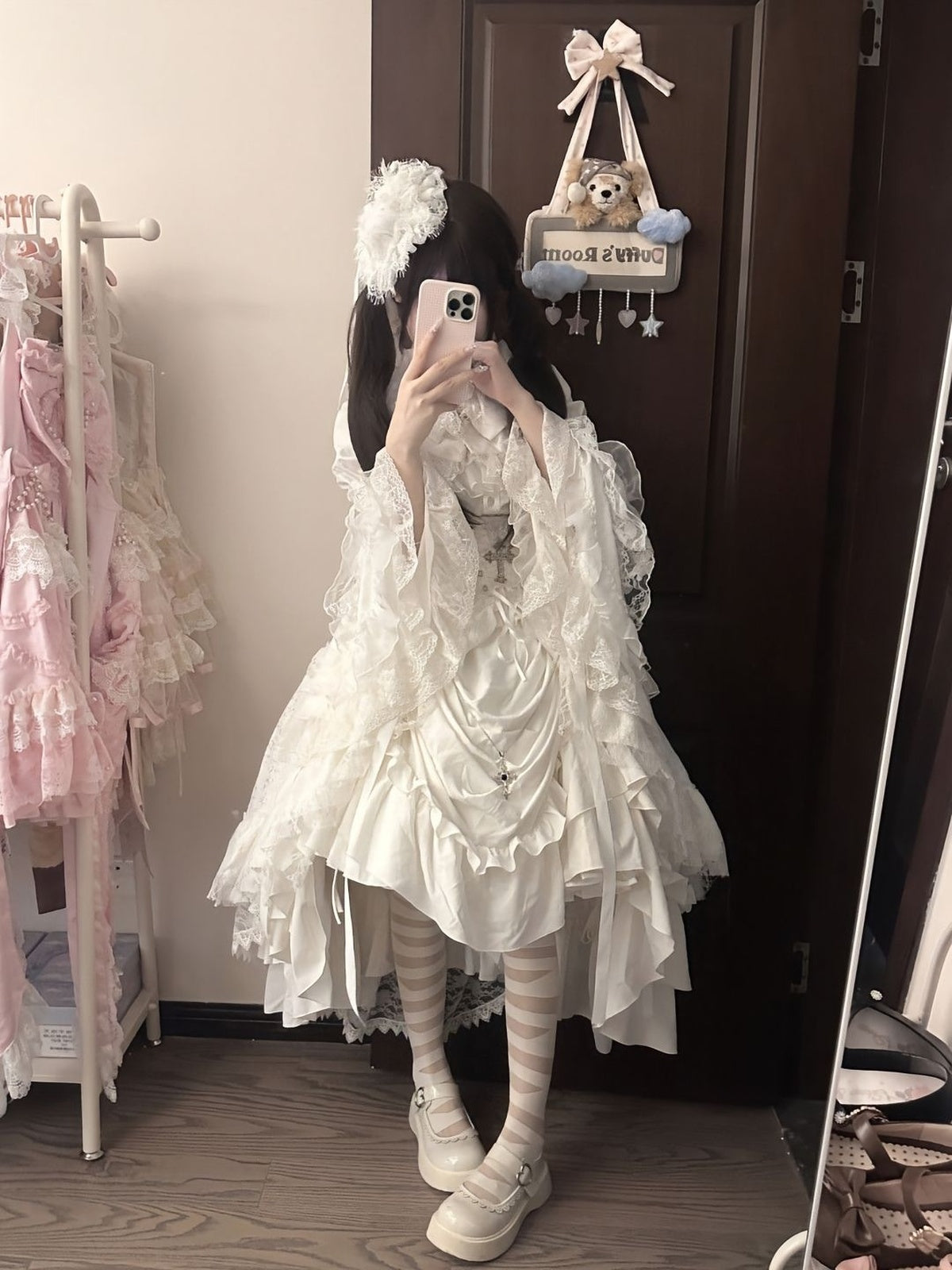 White Gothic Lolita Dress Set - Long Sleeve Halloween Cosplay Outfit