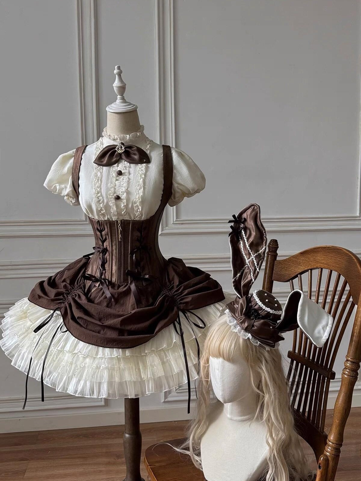 Sweet Brown Rabbit Lolita JSK Dress & Blouse Set with Bowknot