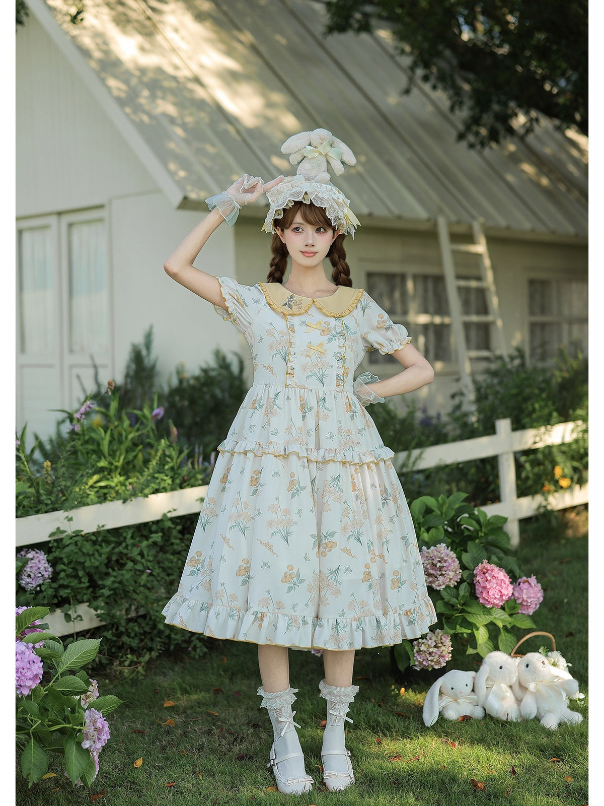Yellow Country Lolita Floral Print OP with Matching Flat Hat