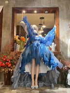 Blue Floral Wedding Lolita High-Low Dress Set with Long Train