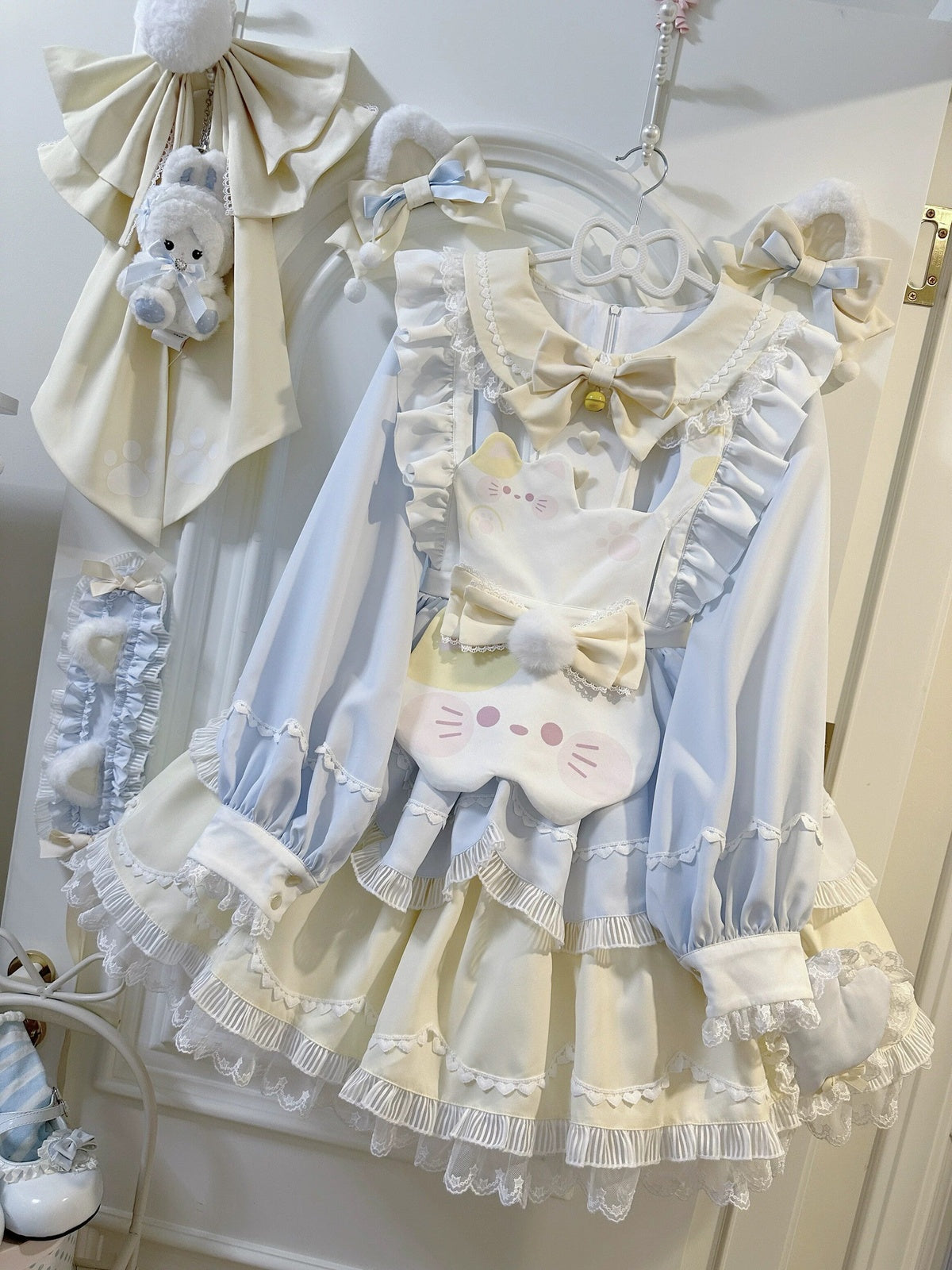 Sweet Cat Lolita OP Dress Long Sleeve Set with Apron & Headpiece