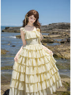 Yellow Square Neck Lolita Dress Set with Seven-Tier Ruffles