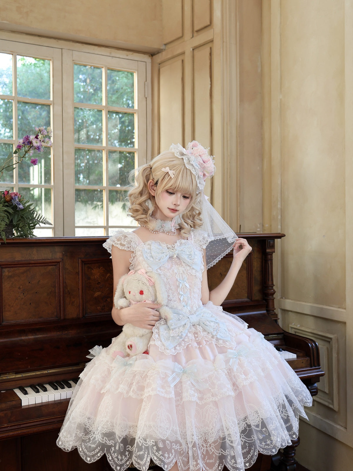 Pink Ballet Lolita JSK Dress with Crown Veil & Necklace