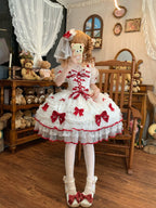 Red & White Lolita JSK Dress with Back Bow & Veil | Strappy Gown