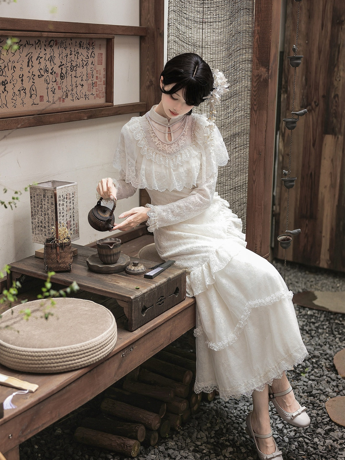 Off-White Embroidered Mermaid Cheongsam Lolita Set with Choker