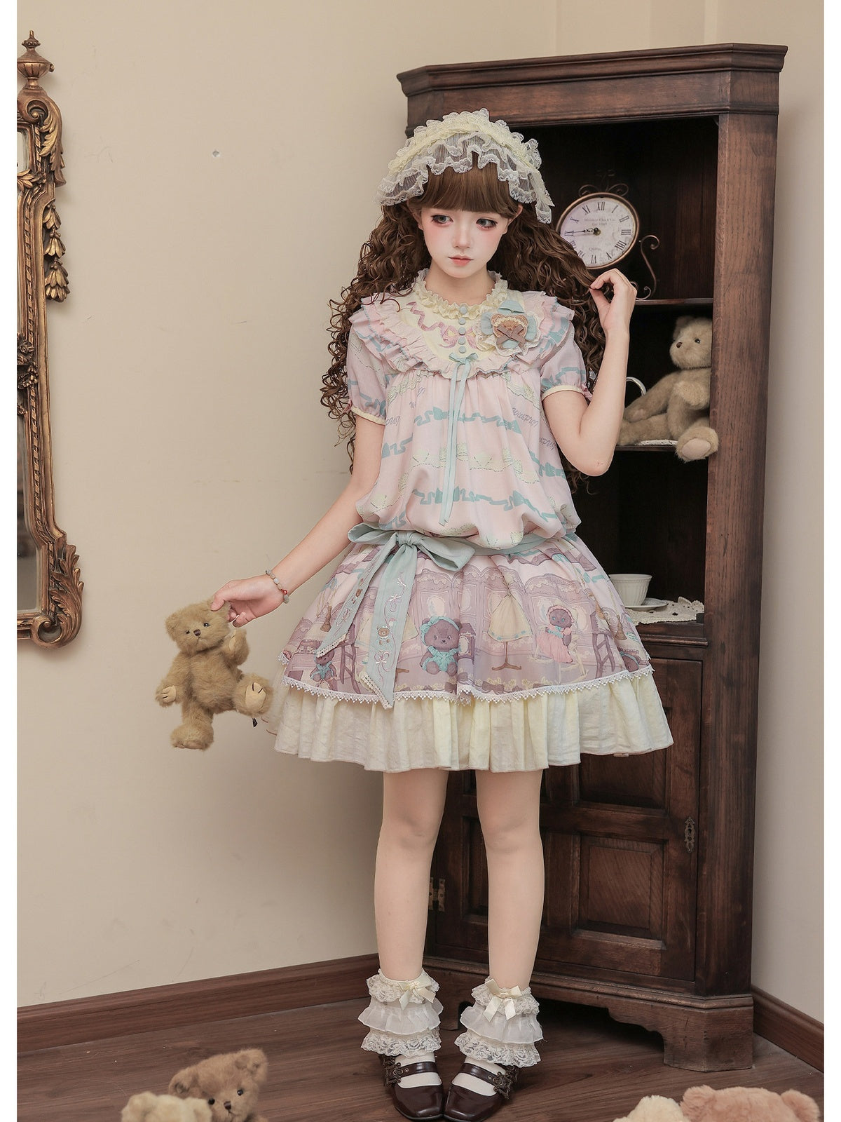 Cinnamon Pink Doll Lolita Bear Print OP Set with Bonus Accessories