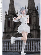 White Sweet Lolita Puff Skirt OP Set with Top Hat & Sleeves