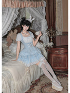 Light Blue Square Neck Halter Lolita OP Set with Necklace & Bunny Hat