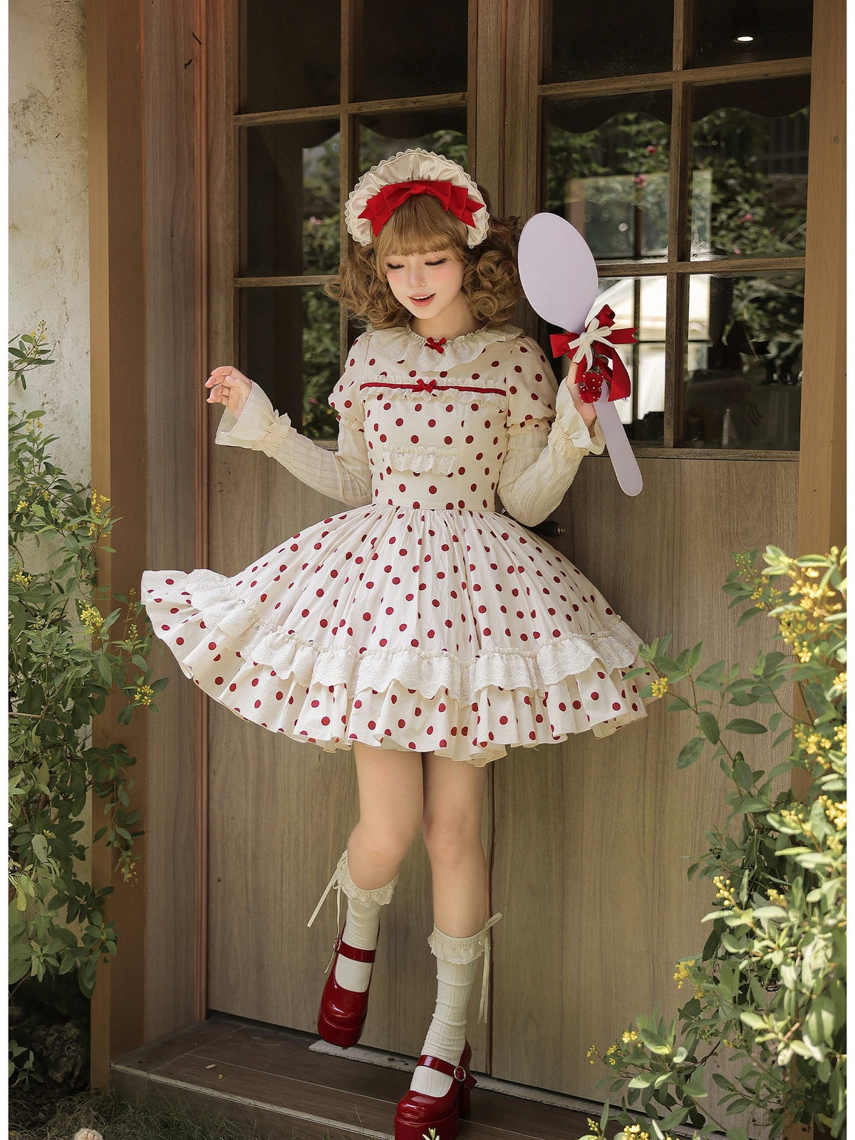 Short Doll Lolita Cotton Print OP Set with Apron & BNT
