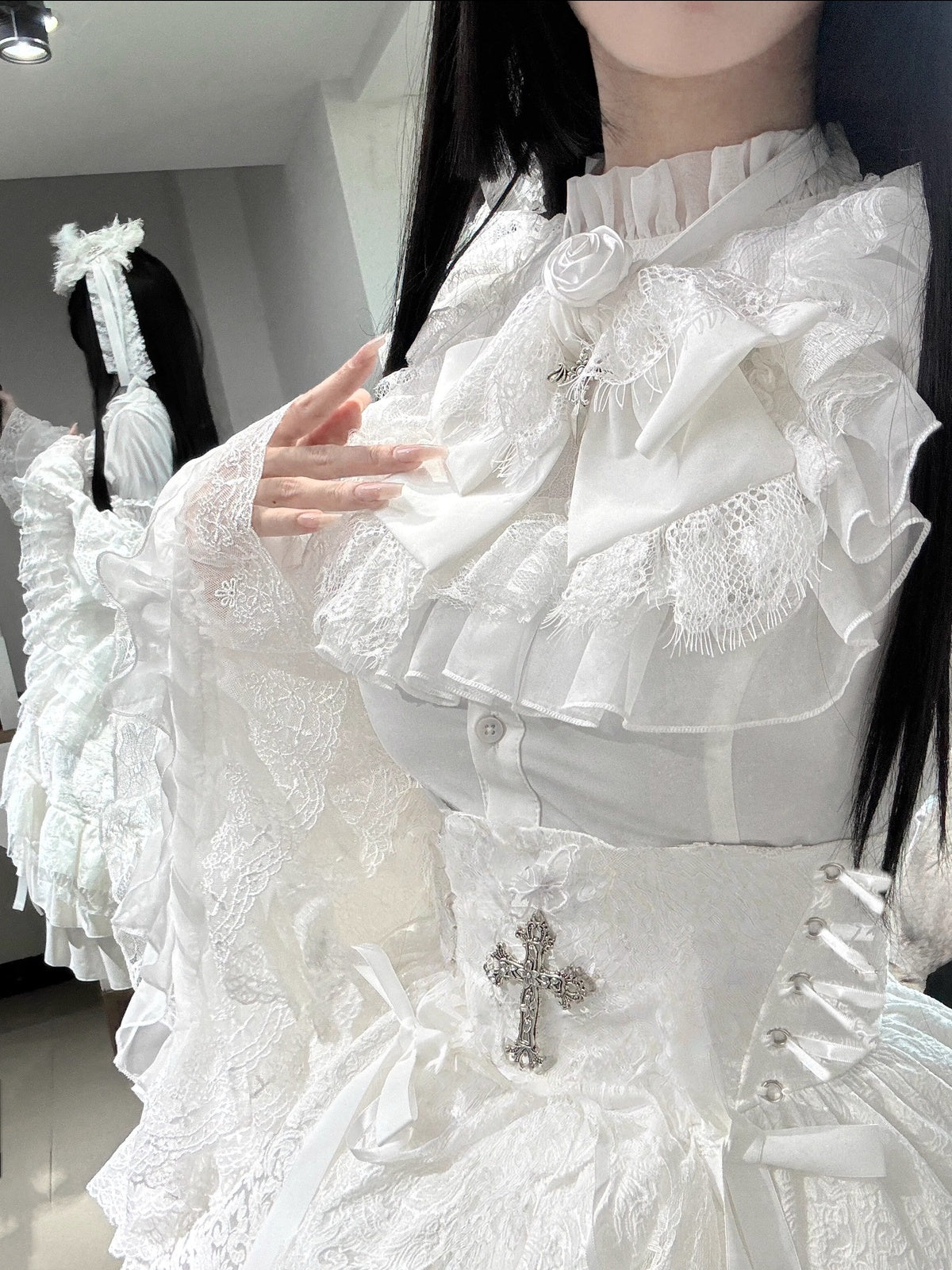 White Princess Lolita Dress Set with Blouse, Corset & Petticoat