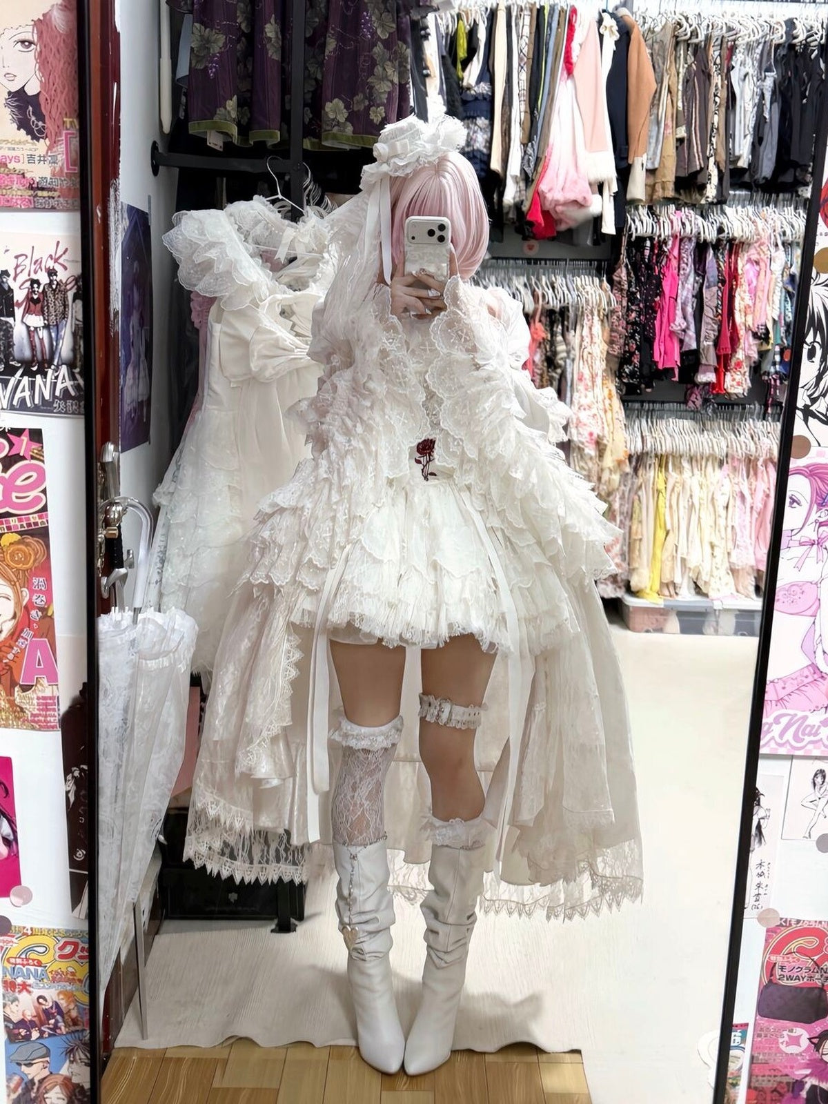 Gothic Lolita Cross & Thorns Dress Set - White Long Sleeve Outfit