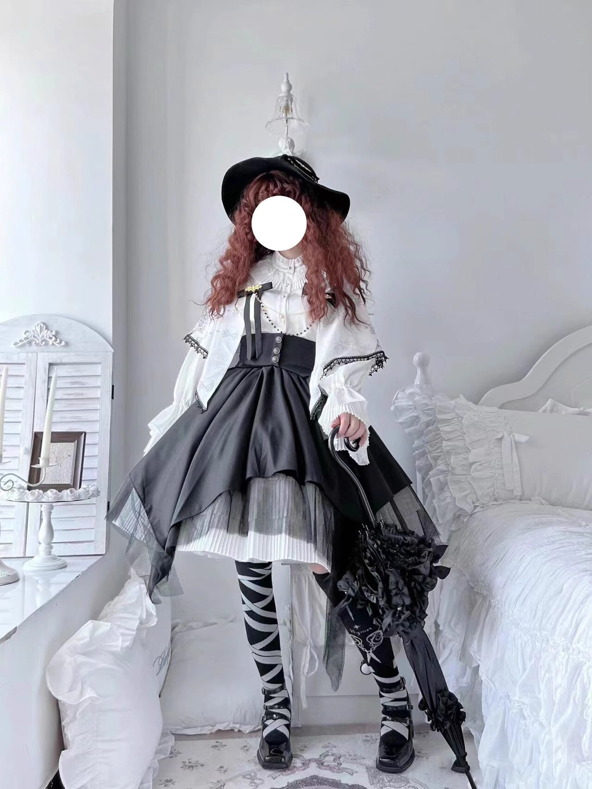 Gothic Nun Lolita Dress Set with Corset Blouse & Tiered Skirt