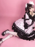 Black & Pink Polka Dot Sweet Lolita OP Long Sleeve Dress
