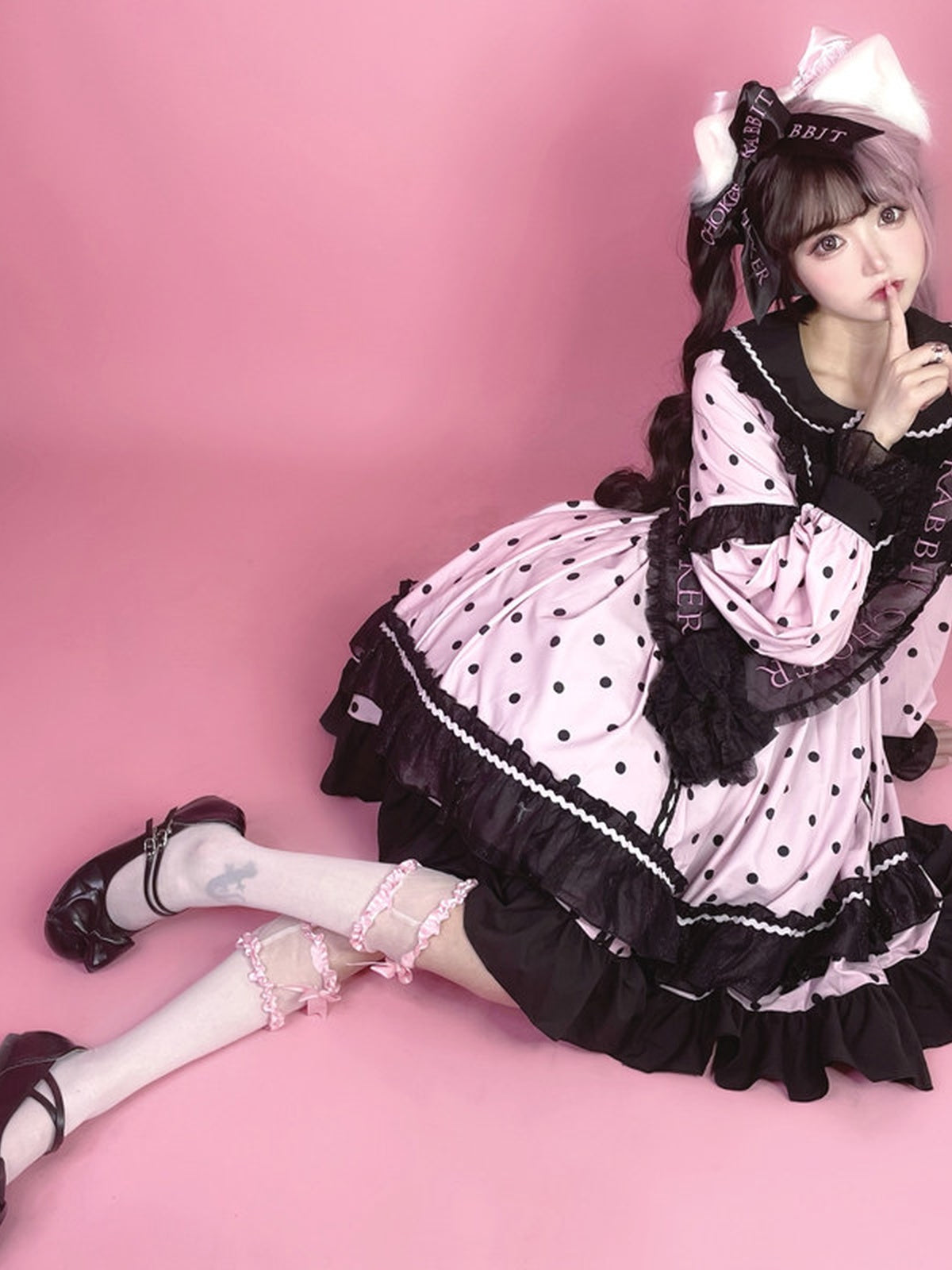 Black & Pink Polka Dot Sweet Lolita OP Long Sleeve Dress