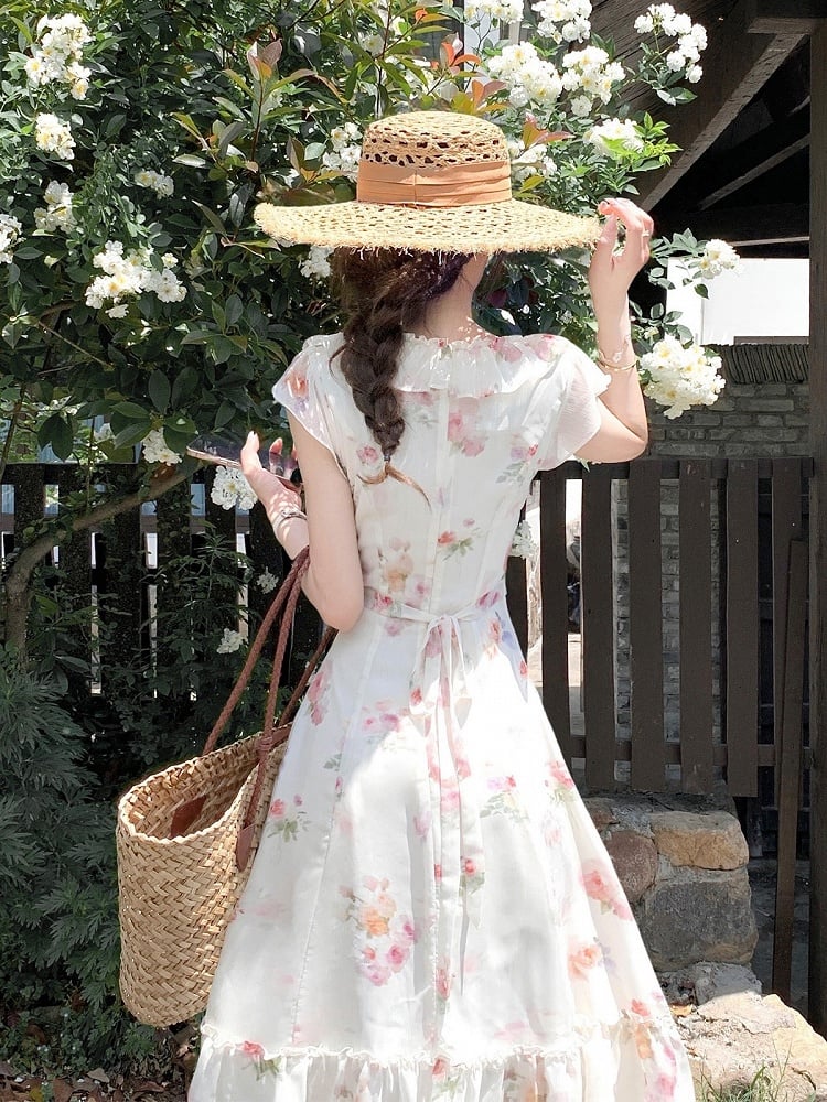 Apricot Summer Vacation Dress with Floral Pattern - Qchiwawameme | CoyBunny