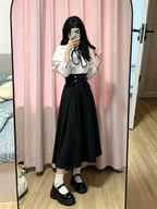Cute White Jirai Kei School Girl Lolita Dress Long Sleeve Midi Skirt Set