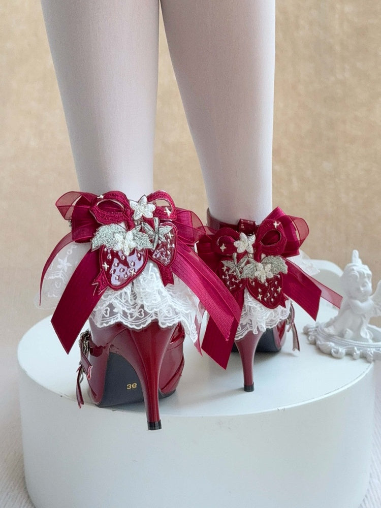 Wine Red Strawberry Embroidered 9cm Heels with Bow - Cheese Mango | CoyBunny