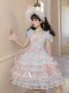 Short Sweet Lolita Princess and Details Bows Pink Blue Striped Dress Bead Sleeves - Mademoiselle | CoyBunny