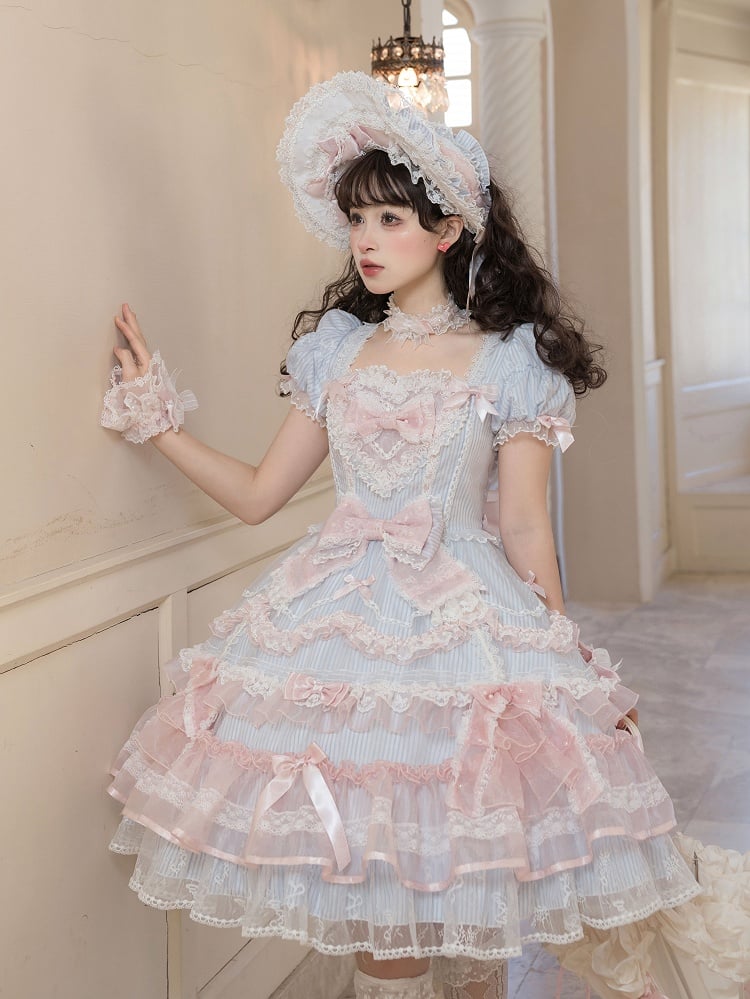 Short Sweet Lolita Princess and Details Bows Pink Blue Striped Dress Bead Sleeves - Mademoiselle | CoyBunny