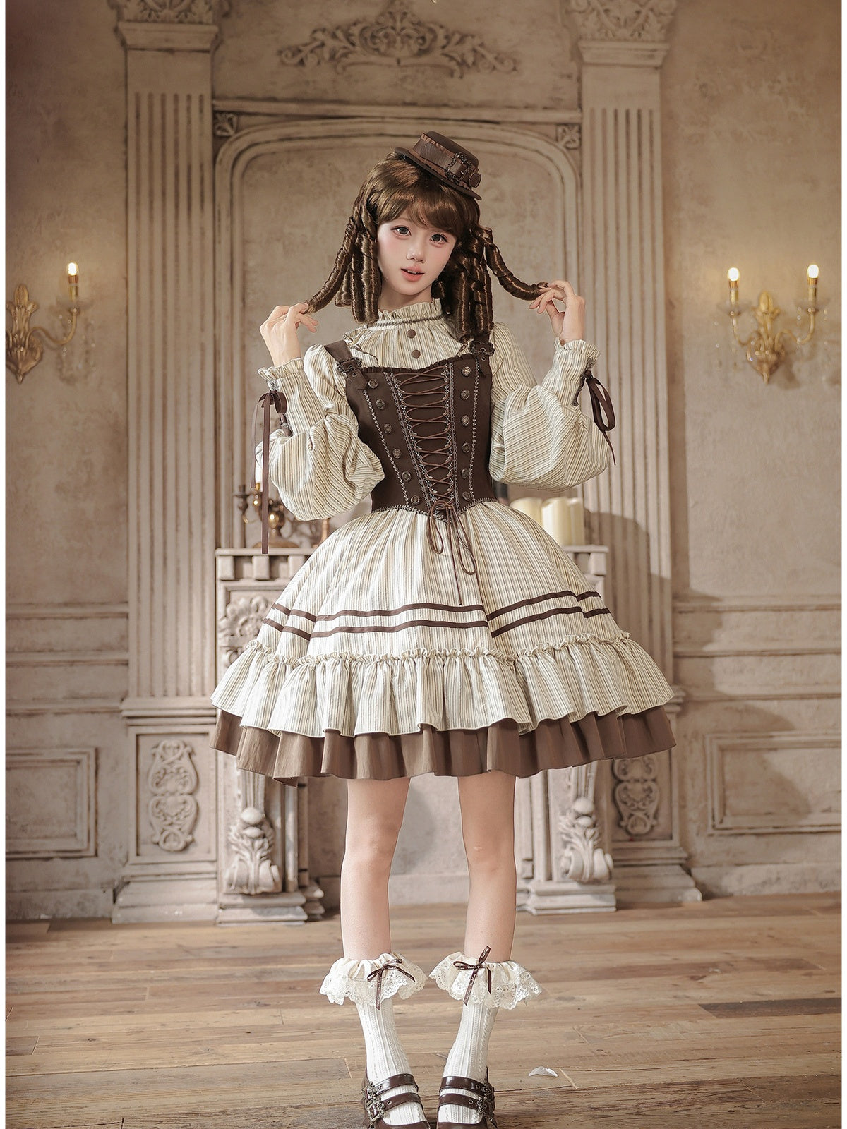 Short Ruffle Lolita OP Set with Corset, Drape & Brooch