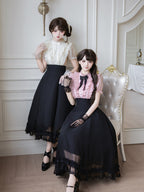 Black Pink Color Block Lolita Long Dress with Rhinestone Necktie