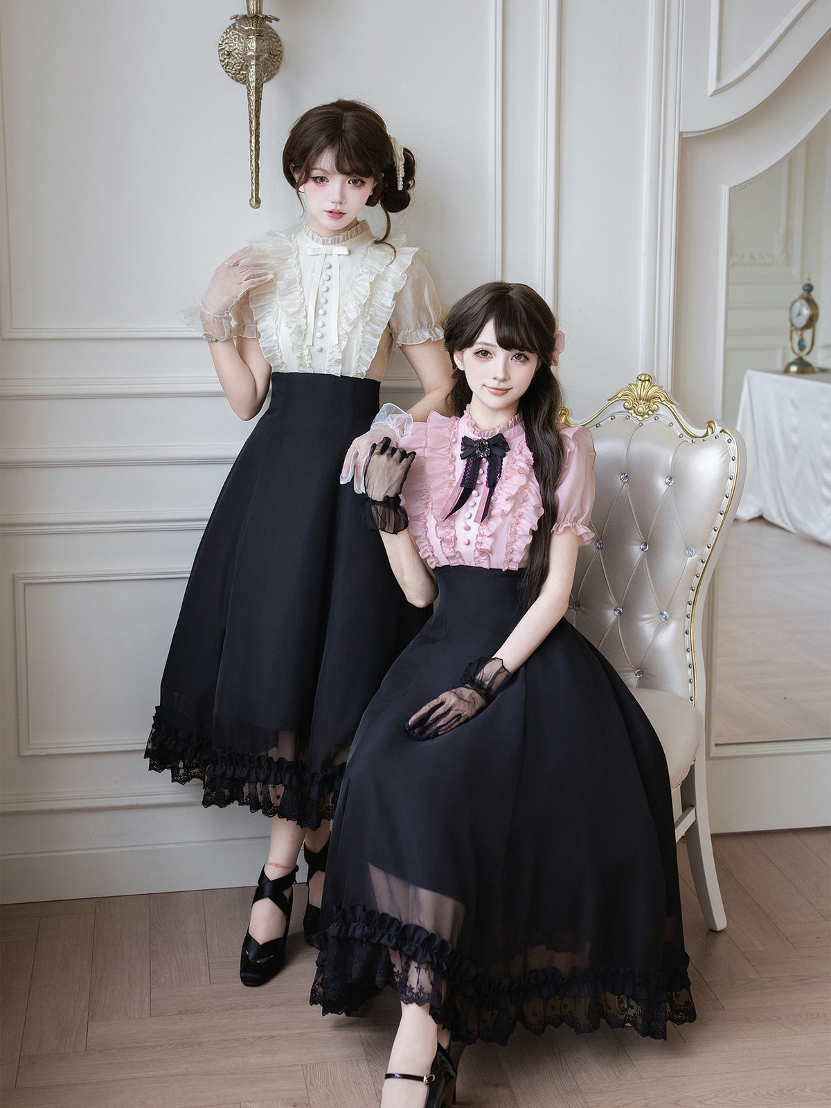 Black Pink Color Block Lolita Long Dress with Rhinestone Necktie