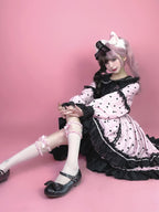 Black & Pink Polka Dot Sweet Lolita OP Long Sleeve Dress