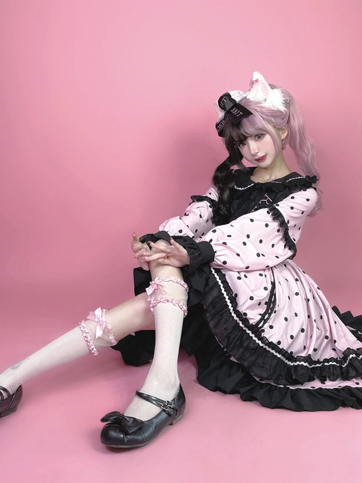 Black & Pink Polka Dot Sweet Lolita OP Long Sleeve Dress
