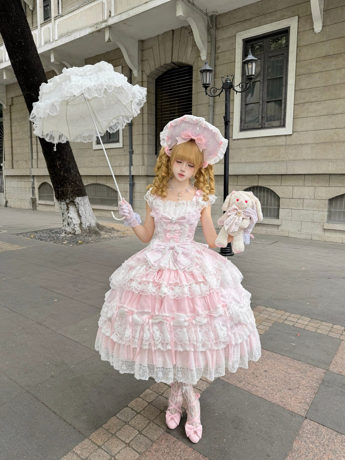 Pink Light Wedding Lolita JSK Dress with BNT Hat & Back Bow