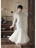 Off-White Embroidered Mermaid Cheongsam Lolita Set with Choker