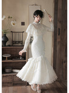 Off-White Embroidered Mermaid Cheongsam Lolita Set with Choker