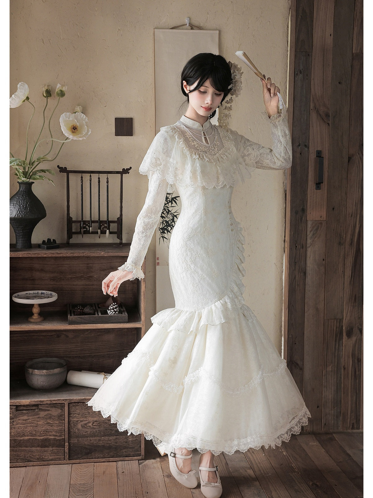 Off-White Embroidered Mermaid Cheongsam Lolita Set with Choker