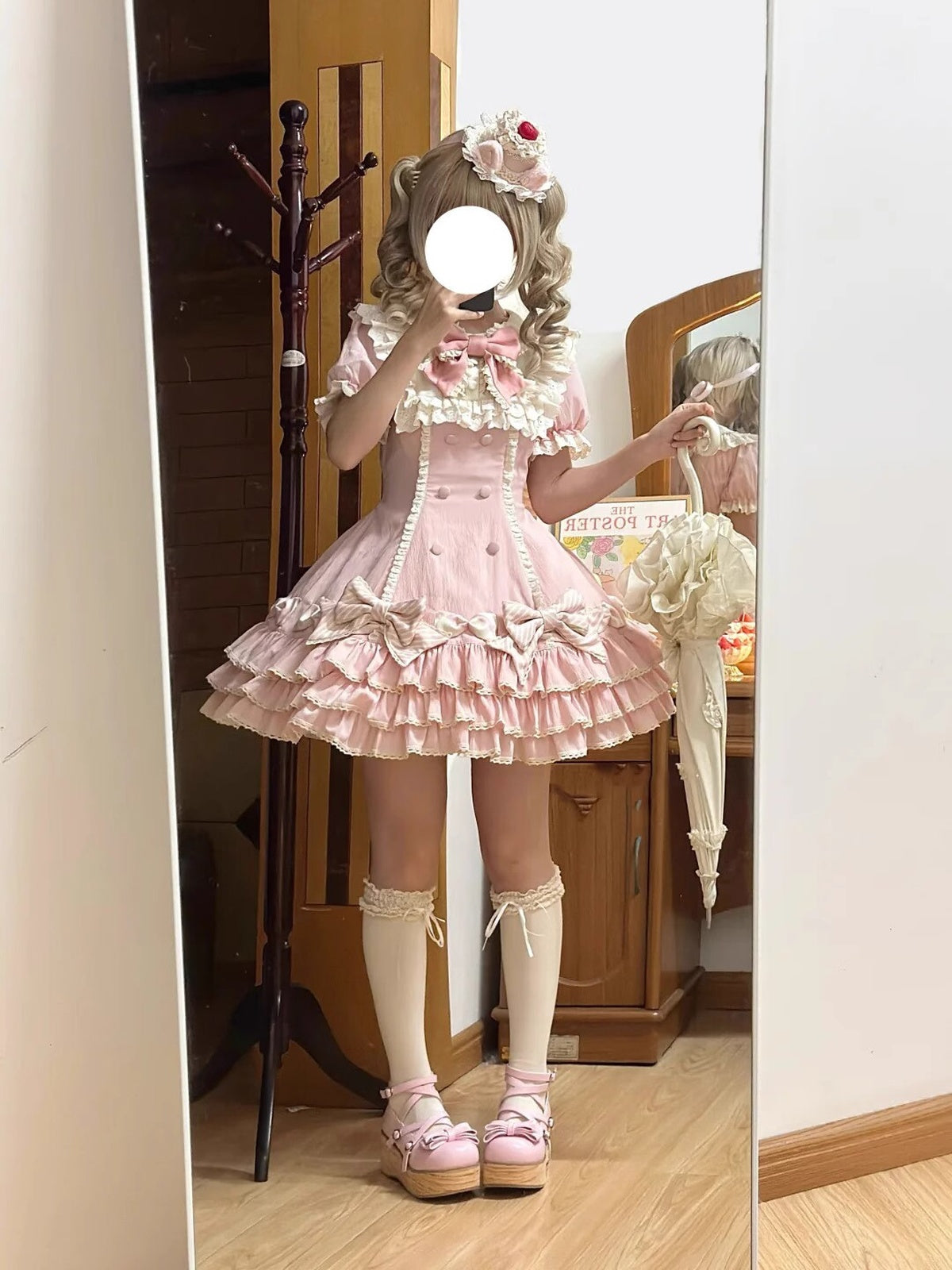 Pink Stripe Sweet Lolita OP Dress Full Set with Hat & Detachable Sleeves
