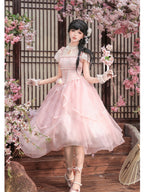 Pink Chinese Style Lolita Petal Hem Print OP with Lift-Up Skirt