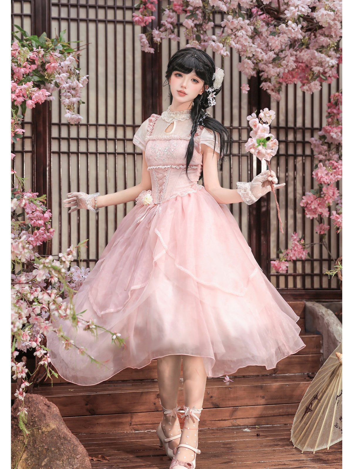 Pink Chinese Style Lolita Petal Hem Print OP with Lift-Up Skirt