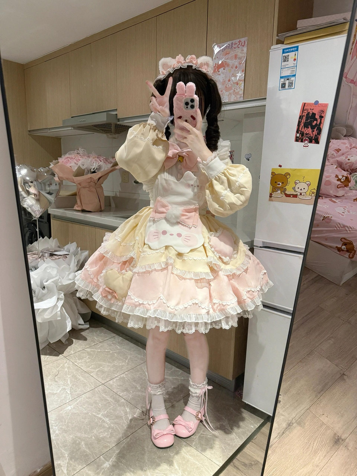Sweet Cat Lolita OP Dress Full Set with Apron & Headband