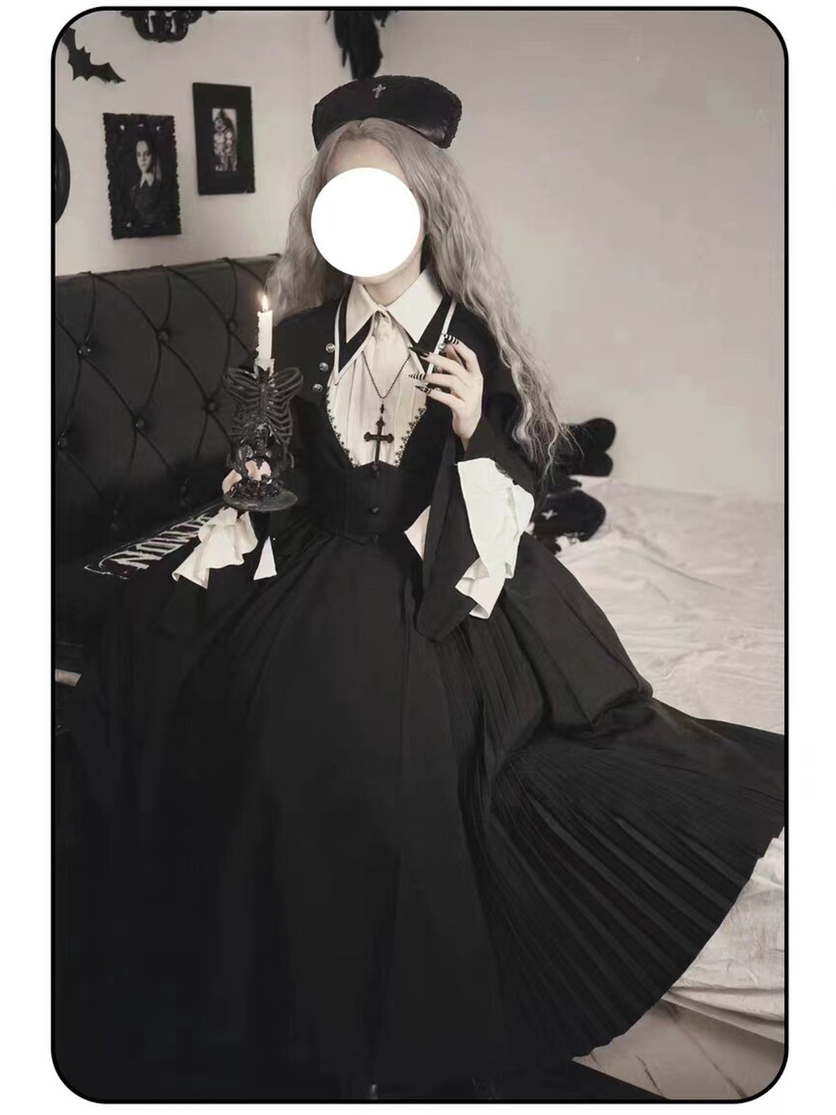 Black Gothic Nun Lolita OP Set with Cape & Necklace