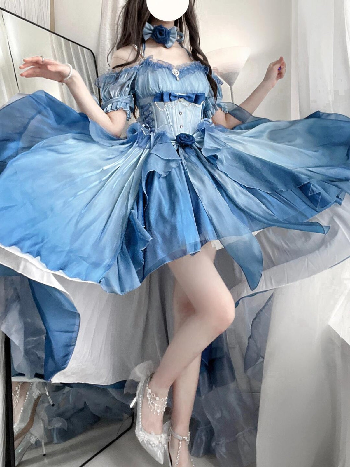Blue Floral Wedding Lolita High-Low Dress Set with Long Train