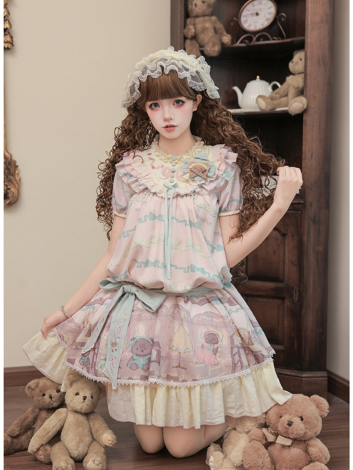 Cinnamon Pink Doll Lolita Bear Print OP Set with Bonus Accessories