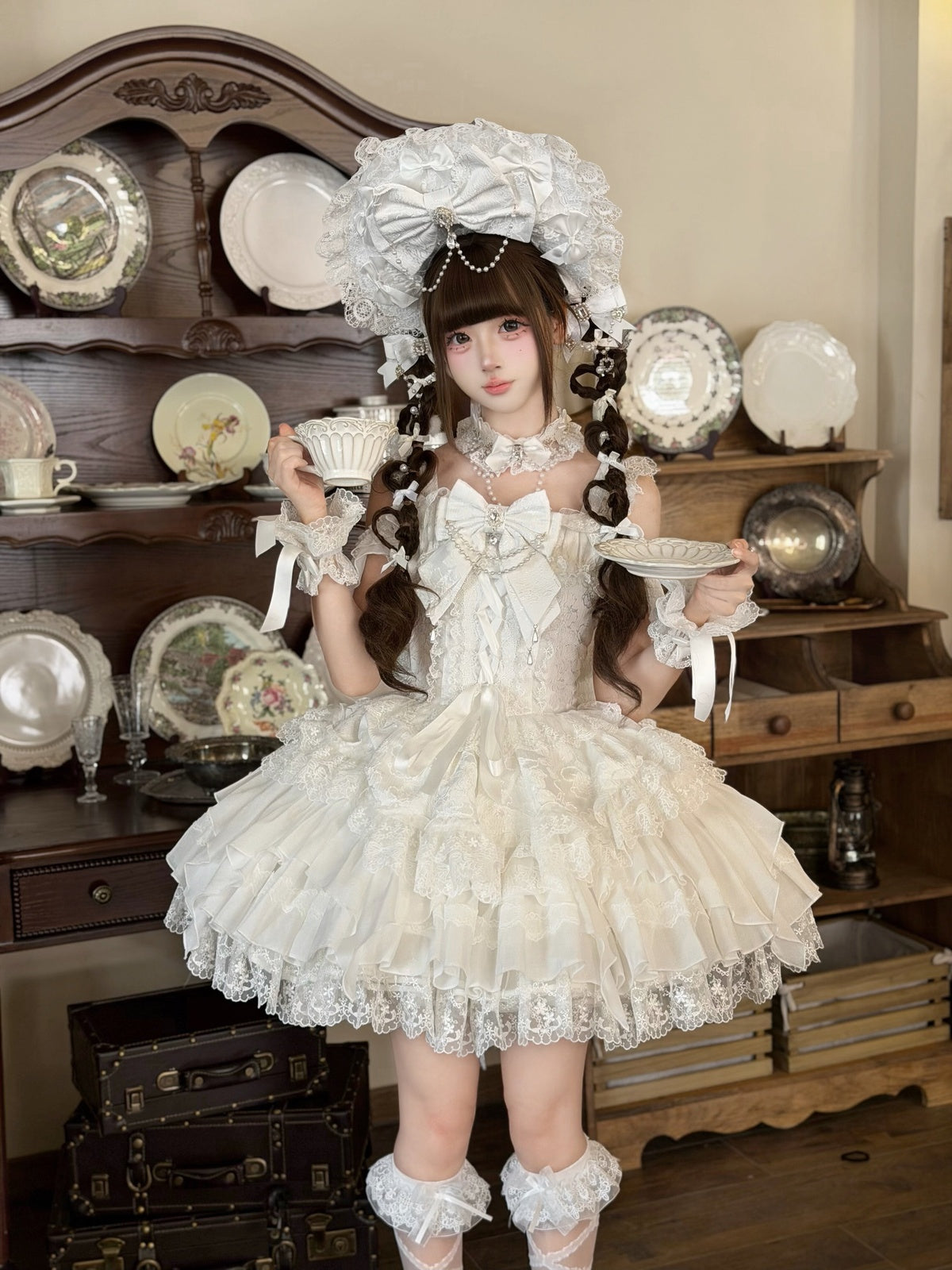 White Ballet Lolita JSK Dress with Back Bow | Suspender Gown