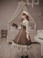 Coffee Print Lolita JSK Dress with Adjustable Straps & Ruffle Hem