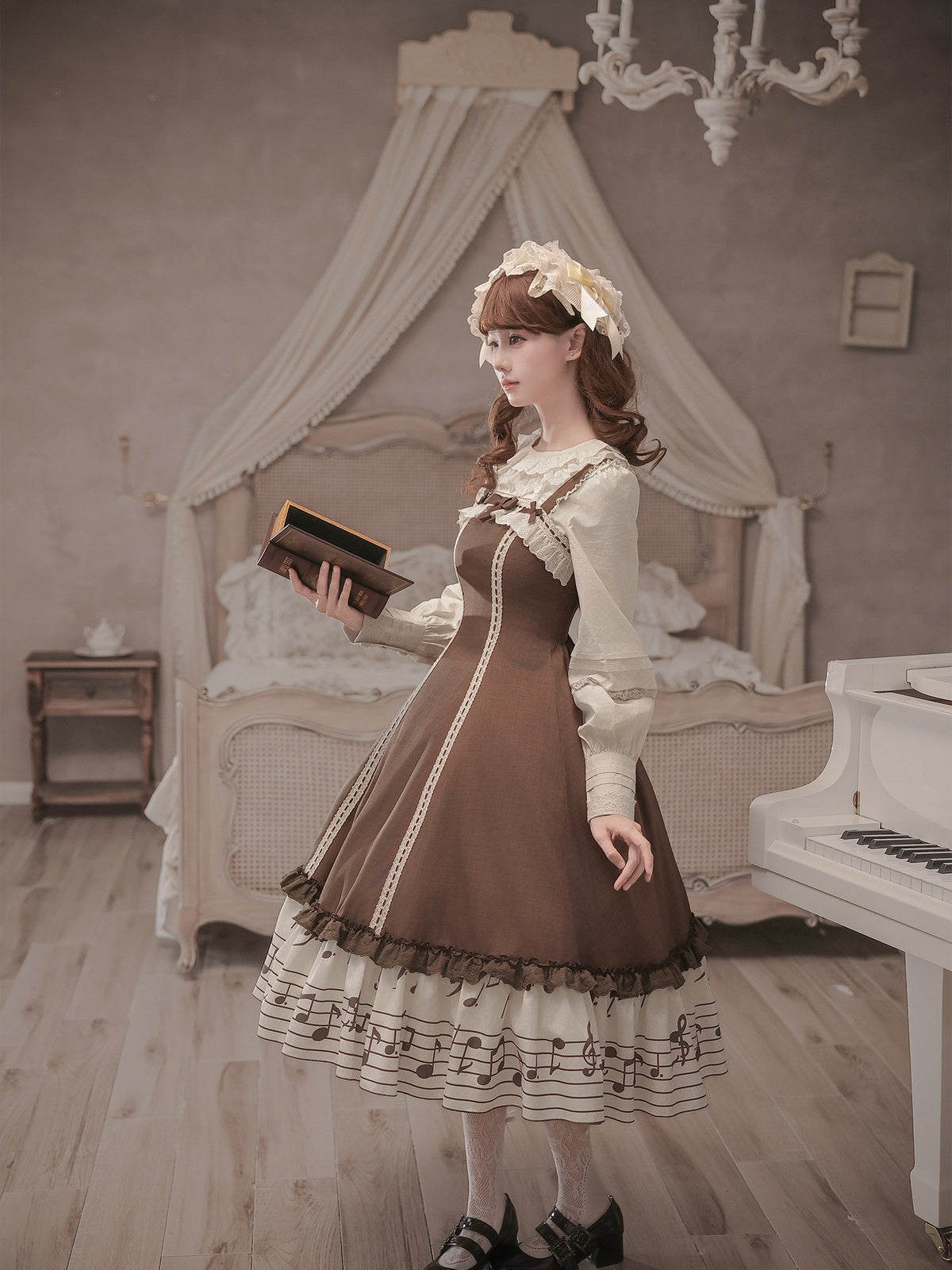 Coffee Print Lolita JSK Dress with Adjustable Straps & Ruffle Hem