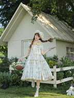 Yellow Country Lolita Floral Print OP with Matching Flat Hat