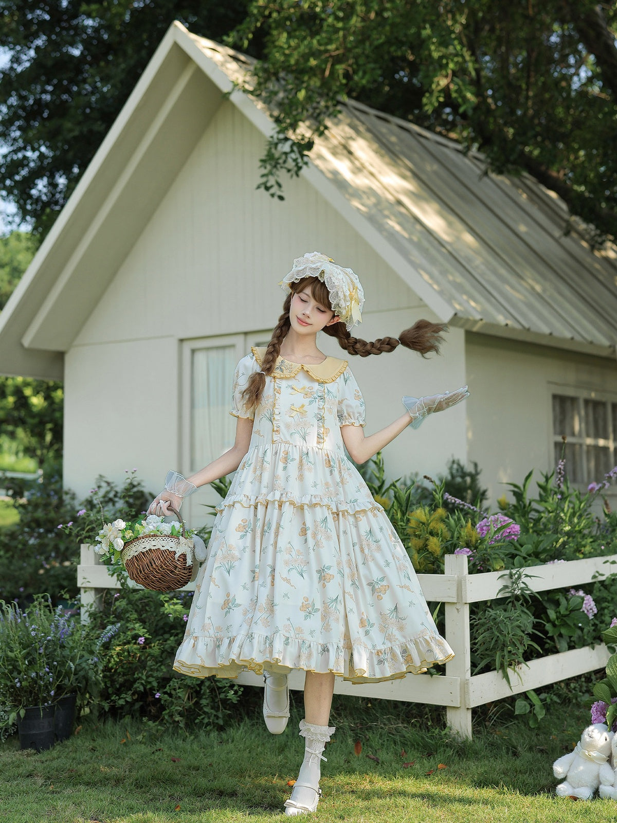 Yellow Country Lolita Floral Print OP with Matching Flat Hat