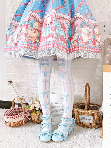 Black and Pink and Blue Sweet Lolita Cross and Bowknot Print Overknee Stockings | CoyBunny