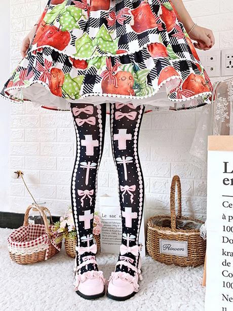 Black and Pink and Blue Sweet Lolita Cross and Bowknot Print Overknee Stockings | CoyBunny