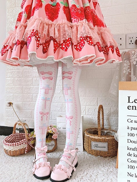 Black and Pink and Blue Sweet Lolita Cross and Bowknot Print Overknee Stockings | CoyBunny