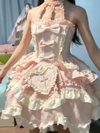 Sweet Pink Halter Gothic Lolita JSK Dress with Bow Train